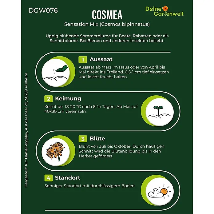 Deine Gartenwelt Cosmea Schmuckkörbchen Sensation Mix -  - Eine Produktinformationskarte mit Anweisungen zum Anbau von Cosmea-Blumen, einschließlich Aussaat, Keimung, Blüte und Standort.