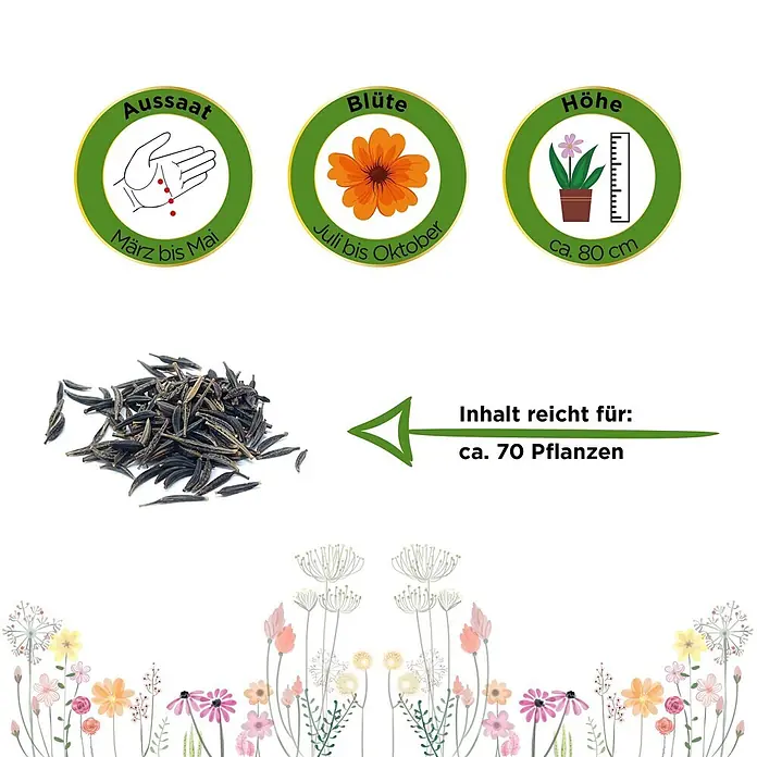 Deine Gartenwelt Cosmea Schmuckkörbchen Sensation Mix -  - Samenpackungsinformationen: Aussaat März-Mai, Blüte Juli-Okt., ca. 80cm Höhe. Inhalt reicht für ca. 70 Pflanzen.