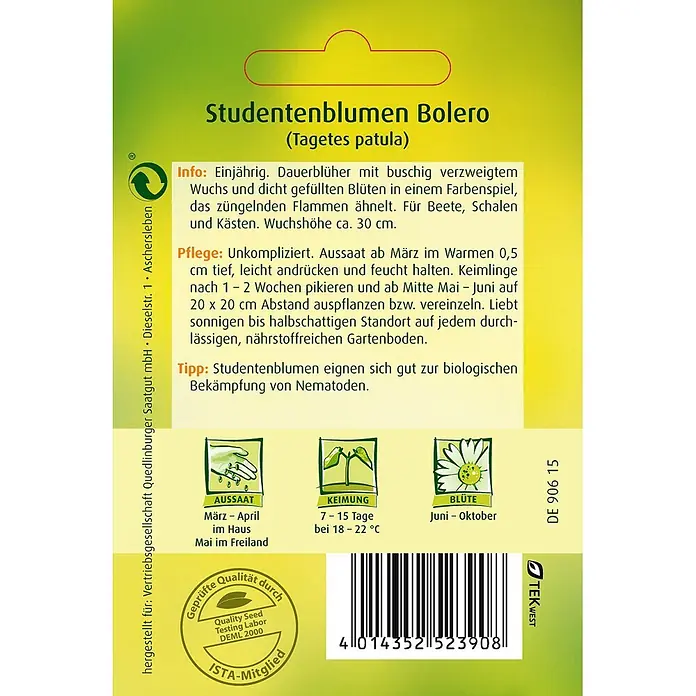 Quedlinburger SAATGUT Blumensamen Studentenblume - Tagetes patula nana, Mehrfarbig - Samenpäckchen für Studentenblumen Bolero mit Anbauinformationen, Barcode und Qualitätssiegel.