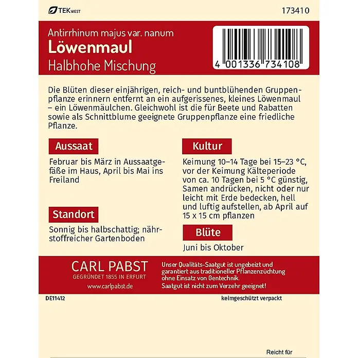 Pabst Keimkraft Löwenmaul Halbhohe Mischung -  - Rotes und beiges Samenpäckchen-Etikett für Zwerg-Löwenmäulchen mit botanischem Namen, Barcode und Pflanzinformationen.