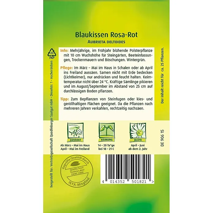 Quedlinburger SAATGUT Blaukissen Rosa-rot -  - Grüne und gelbe Samentüte für Aubrieta Deltoides (Blaukissen Rosa-Rot) mit deutschen Pflanzanweisungen, Keim-/Blühsymbolen und Qualitätssiegel.