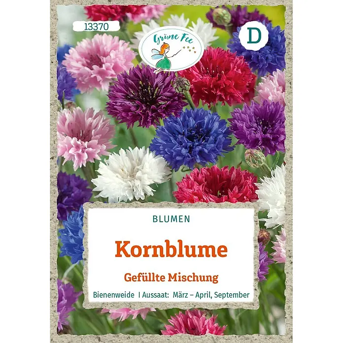 Grüne Fee Blumensamen Kornblume - Centaurea cyanus, Mehrfarbig - Samentüte für 'Kornblume Gefüllte Mischung' mit bunten Kornblumen und 'Grüne Fee' Logo.
