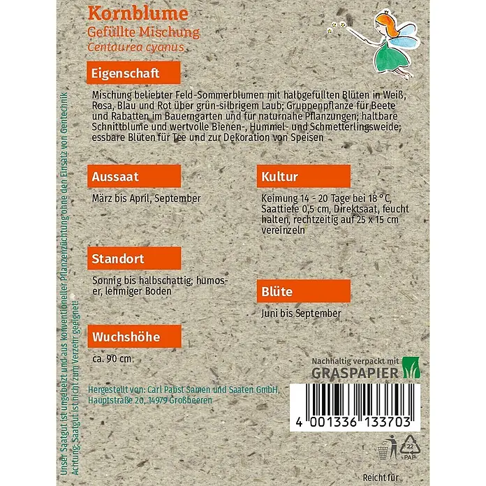Grüne Fee Blumensamen Kornblume - Centaurea cyanus, Mehrfarbig - Saatguttüte für Kornblume Gefüllte Mischung mit deutscher Anleitung, Barcode und Pflanzenfee-Illustration.