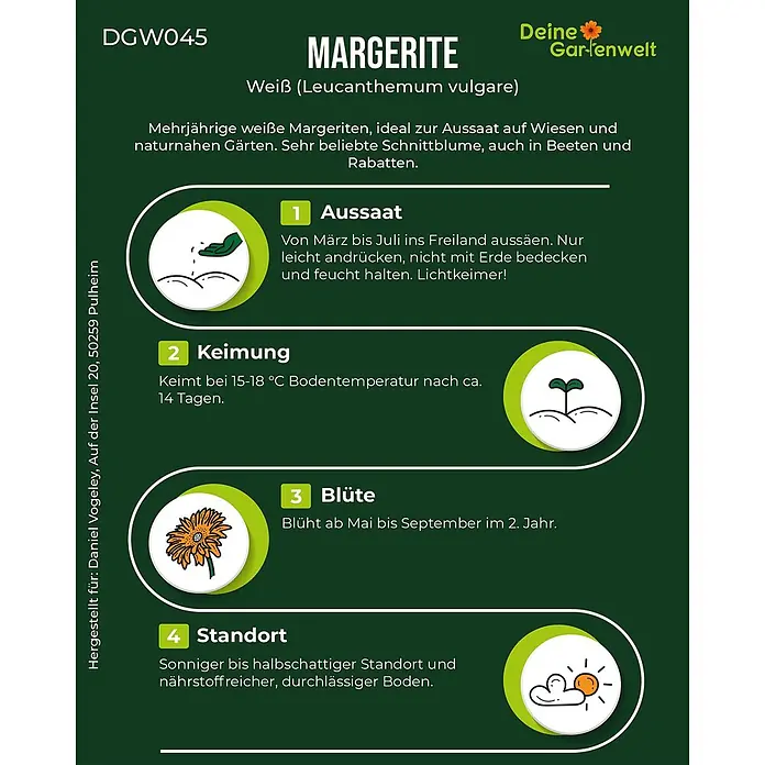 Deine Gartenwelt Margerite weiß -  - Informationen zur Aussaat, Keimung, Blüte und dem idealen Standort für Margeriten.