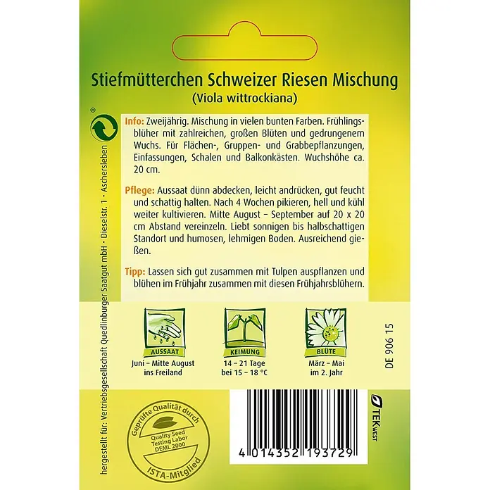 Quedlinburger SAATGUT Stiefmütterchen Schweizer Riesen Mischung -  - Grüne Samenpackung für Stiefmütterchen Schweizer Riesen Mischung, mit Text und Anweisungen.
