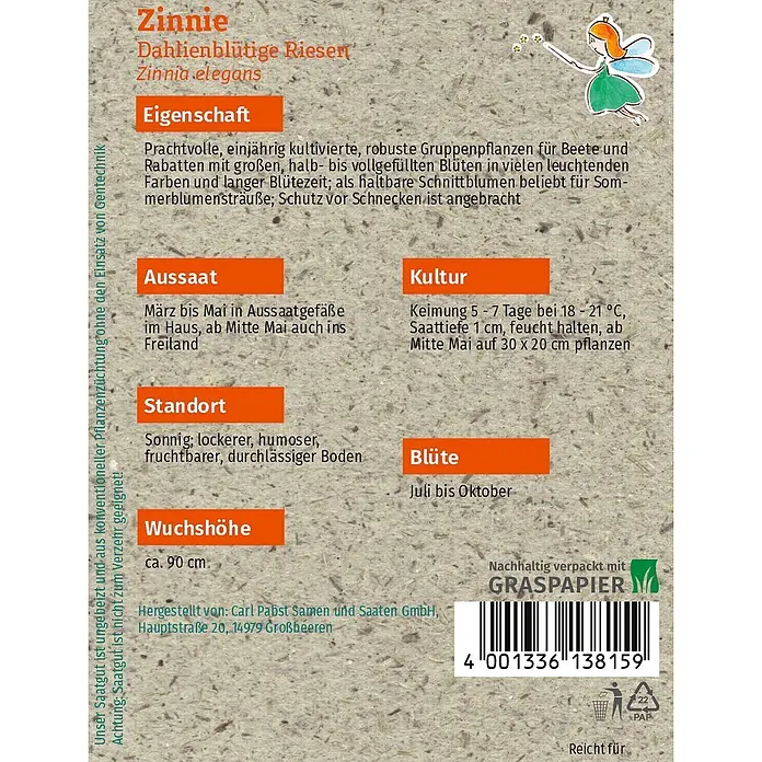 Grüne Fee Blumensamen Zinnie - Zinnia elegans, Mehrfarbig - Samenpäckchen für Zinnia elegans aus Graspapier mit Pflanzanleitung.