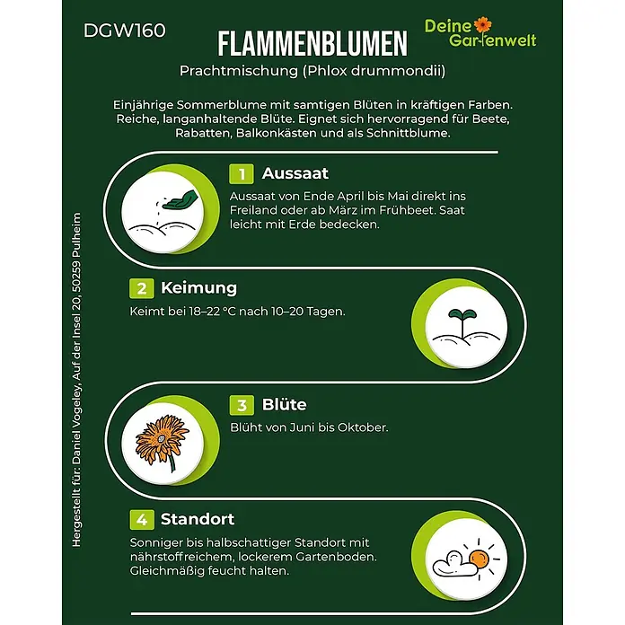 Deine Gartenwelt Flammenblumen Prachtmischung -  - Pflanzenpflegeanleitung für Flammenblumen (Phlox drummondii) mit Infos zu Aussaat, Keimung, Blüte und Standort. Dunkelgrünes Design.