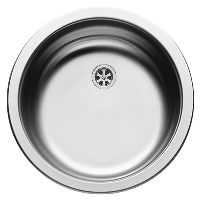Admiral Einbauspüle CR - Durchmesser: 45 cm, Edelstahl, Leinenstruktur, Rund - Nahaufnahme einer runden Edelstahlspüle mit Abfluss in der Mitte, ideal für moderne Küchen. Die Spüle besticht durch ihr schlichtes, glänzendes Design.