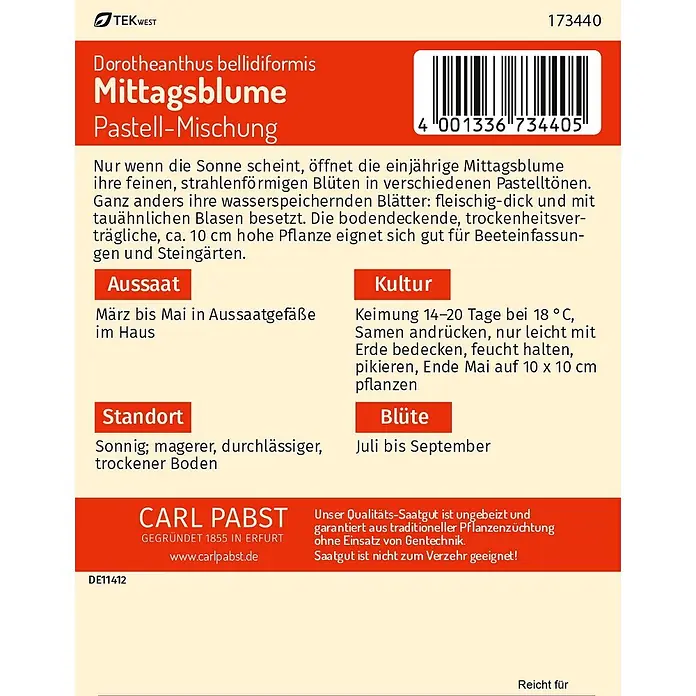 Pabst Keimkraft Blumensamen Mittagsblume - Dorotheanthus bellidiformis (Burm. f.) N.E. Br., Mehrfarbig - Samenpackung für Dorotheanthus bellidiformis (Mittagsblume) Pastell-Mischung. Mit rotem und schwarzem Text sowie Barcode.