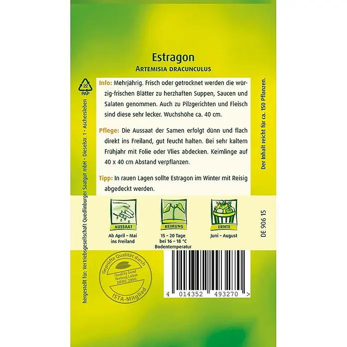 Quedlinburger SAATGUT Kräutersamen Estragon - Artemisia dracunculus, Saatzeit: April, Erntezeit: Juni - Estragon-Samenpäckchen mit Anbauanleitung, Qualitätssiegel und Barcode.