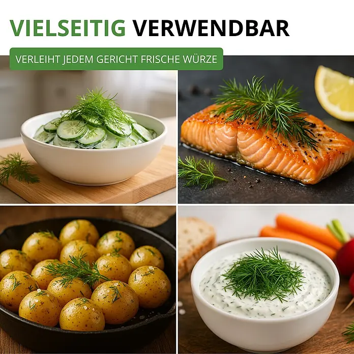 Deine Gartenwelt Dill Gewöhnlicher -  - Frischer Dill würzt diverse Gerichte wie Lachs, Kartoffeln, Gurkensalat und Dip und verleiht ihnen vielseitigen Geschmack.
