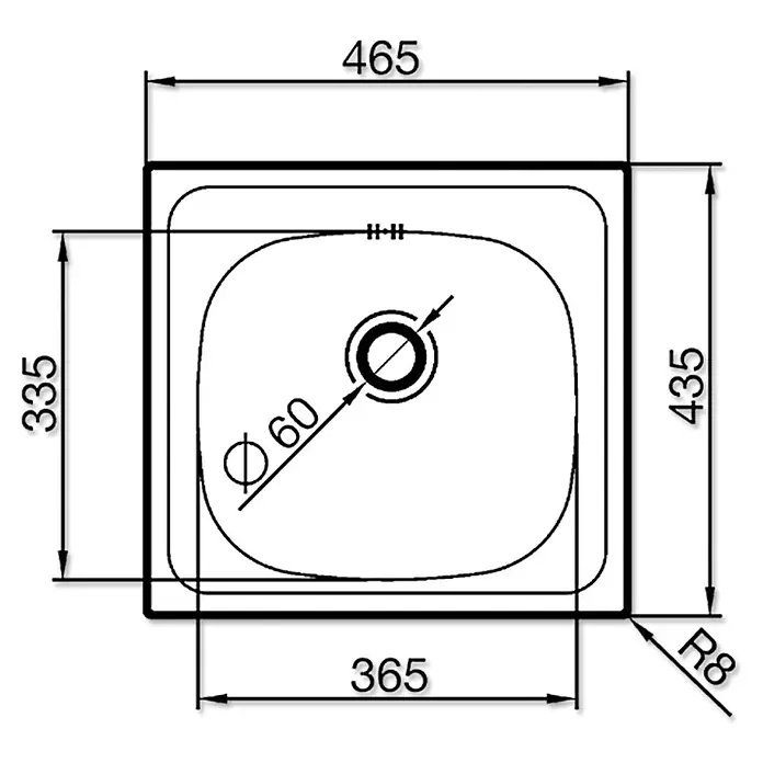 Admiral Einbauspüle E 33 - 46,5 x 43,5 cm, Edelstahl - Technische Zeichnung eines quadratischen Waschbeckens mit Maßen und Detailangaben für Design und Installation.