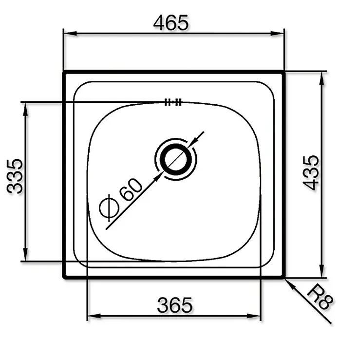 Admiral Einbauspüle E 33 - 46,5 x 43,5 cm, Edelstahl - Technische Zeichnung eines quadratischen Waschbeckens mit Maßen und Detailangaben für Design und Installation.