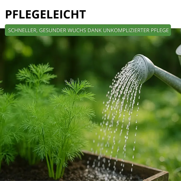 Deine Gartenwelt Dill Gewöhnlicher -  - Junge grüne Pflanzen in einem Holzkasten werden mit einer silbernen Gießkanne bewässert, was einfache Pflege und gesundes Wachstum betont.