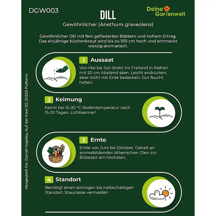 Deine Gartenwelt Dill Gewöhnlicher -  - Dill-Pflanzanleitungskarte mit vier bebilderten Schritten: Aussaat, Keimung, Ernte und Standort.