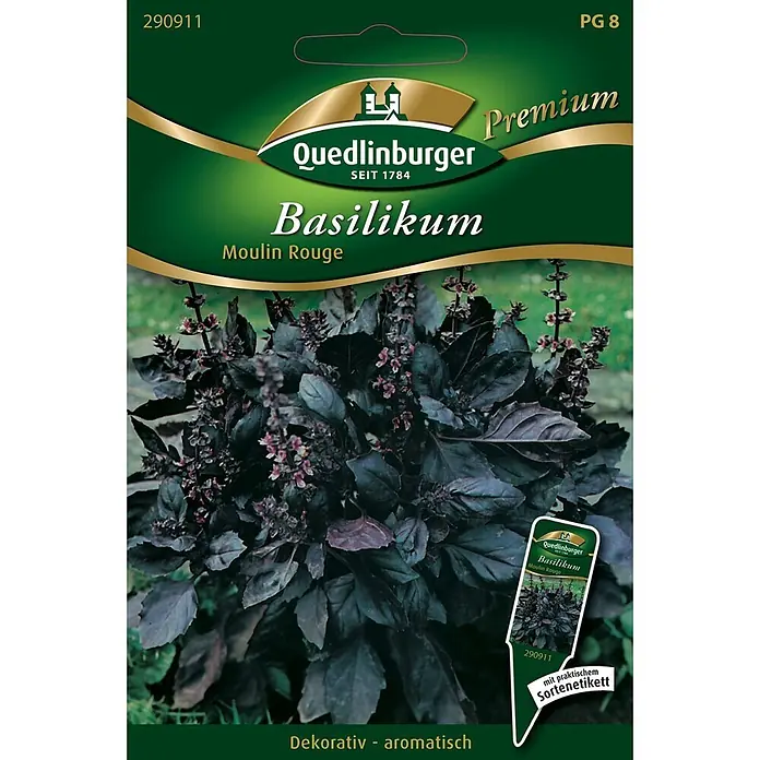 Quedlinburger SAATGUT Kräutersamen Basilikum - Ocimum basilicum, Saatzeit: März, Erntezeit: Juli - Quedlinburger Basilikum Moulin Rouge Samenpackung mit dunkelviolettem Basilikum, dekorativ und aromatisch, mit Sortenetikett.