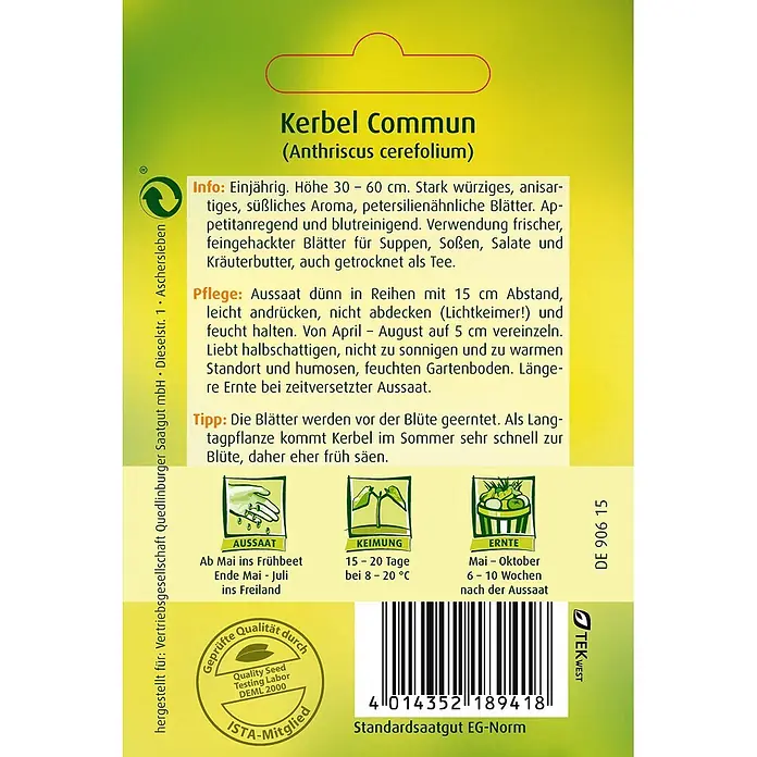 Quedlinburger SAATGUT Kräutersamen Kerbel - Anthriscus cerefolium (L.) Hoffm., Saatzeit: Mai, Erntezeit: Mai - Kerbel Commun Samensamentüte mit Pflanzanleitung, Pflegetipps und Ernteinformationen.