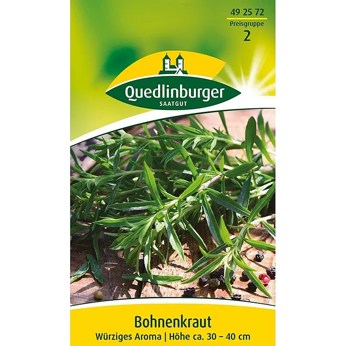 Quedlinburger SAATGUT Kräutersamen Bohnenkraut - Satureja hortensis, Saatzeit: April, Erntezeit: April - Quedlinburger Bohnenkraut Saatgut-Packung mit frischen Bohnenkraut-Zweigen.