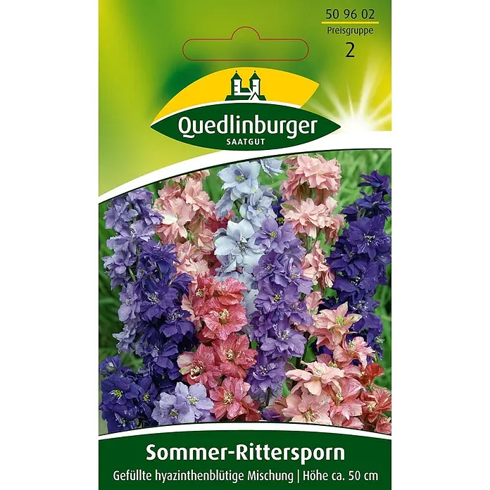 Quedlinburger SAATGUT Sommer-Rittersporn hyazinthbl -  - Quedlinburger Sommer-Rittersporn Samenpackung mit leuchtend rosa, lila und blauen Ritterspornblüten. Gefüllte hyazinthenblütige Mischung, ca. 50 cm hoch.