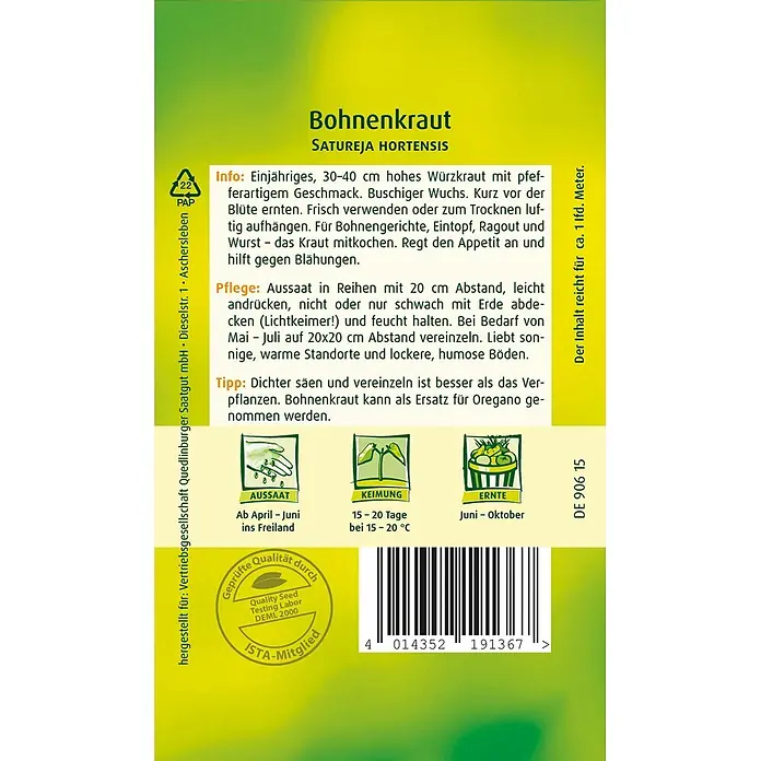 Quedlinburger SAATGUT Kräutersamen Bohnenkraut - Satureja hortensis, Saatzeit: April, Erntezeit: April - Bohnenkraut-Samenpäckchen, grün-gelb, mit Anbauinformationen, Illustrationen und Produktdetails.