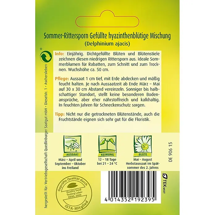 Quedlinburger SAATGUT Sommer-Rittersporn hyazinthbl -  - Samenpäckchen für 'Sommer-Rittersporn Gefüllte hyazinthenblütige Mischung (Delphinium ajacis)' mit Aussaat-Infos, Symbolen und Barcode.