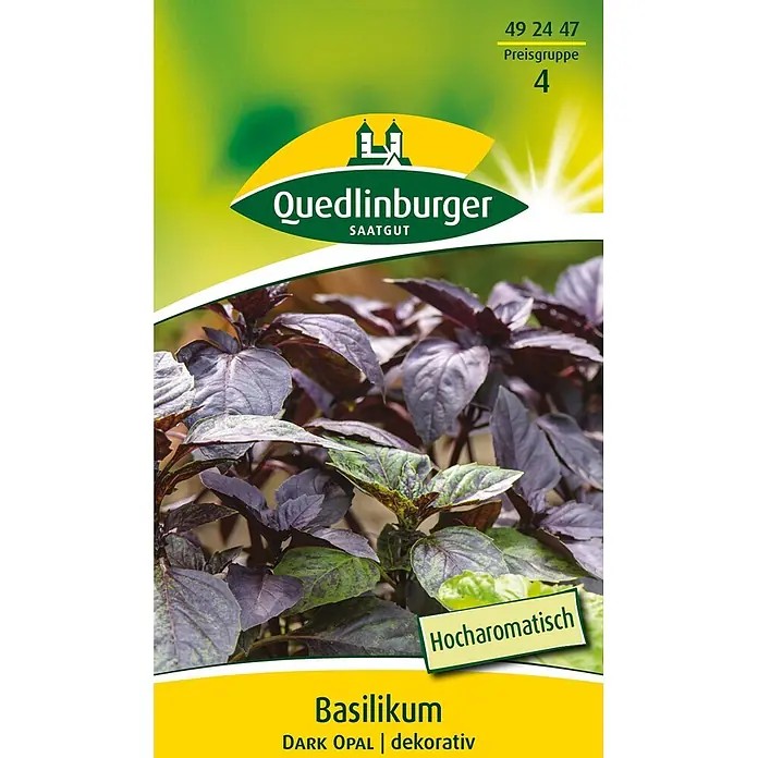 Quedlinburger SAATGUT Kräutersamen Basilikum - Ocimum basilicum, Saatzeit: März, Erntezeit: Juli - Samentüte für Quedlinburger Dunklen Opal Basilikum mit lebhaften lila und grünen Basilikumblättern. Diese dekorative Sorte ist hocharomatisch.