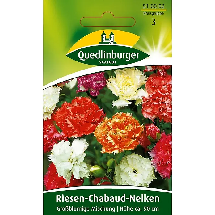 Quedlinburger SAATGUT Blumensamen Nelke - Mischung, Mehrfarbig - Samentüte für Quedlinburger Riesen-Chabaud-Nelken, eine großblumige Mischung bunter Nelken (rot, orange, gelb, weiß), ca. 50 cm Wuchshöhe.