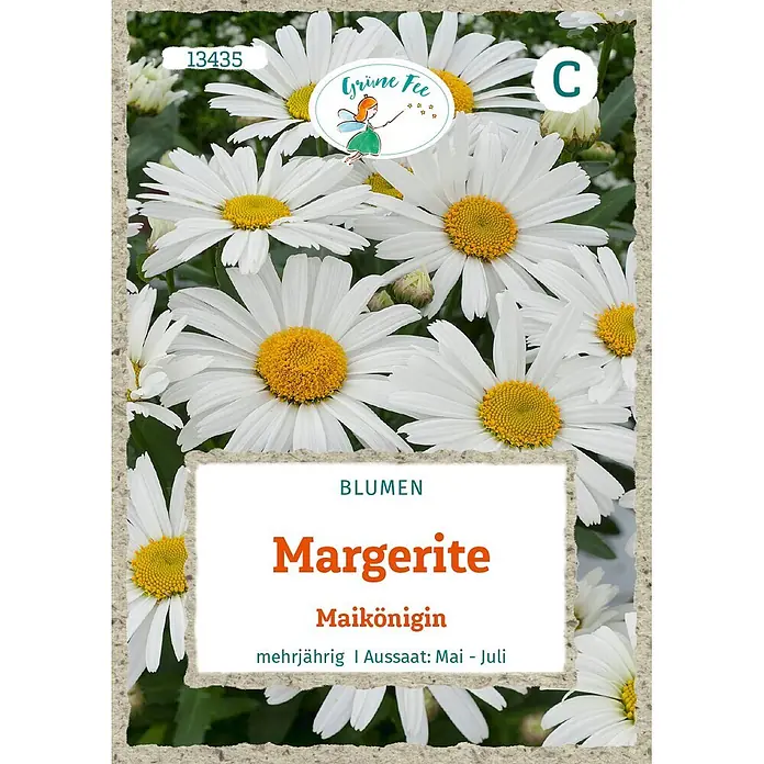 Grüne Fee Blumensamen Margerite - Leucanthemum vulgare, Weiß - Samenpackung für mehrjährige Margeriten 'Maikönigin' mit weißen Blüten und Grüne Fee Logo.