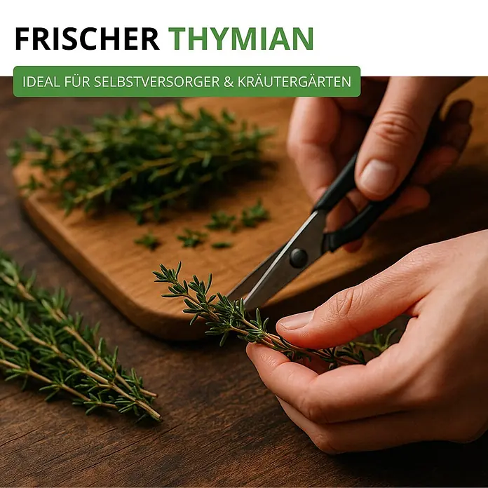 Deine Gartenwelt Thymian Deutscher Winter -  - Hände schneiden frische Thymianzweige mit einer Schere auf einem Holztisch, betont Frische zum Kochen oder für den Garten.
