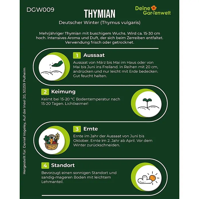 Deine Gartenwelt Thymian Deutscher Winter -  - Ausführliche Pflanzanleitung für 'Deutscher Winter' Thymian, mit Anweisungen zu Aussaat, Keimung, Ernte und Standort, ergänzt durch Symbole.