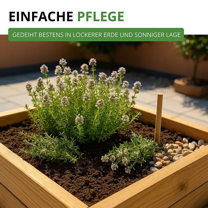 Deine Gartenwelt Thymian Deutscher Winter -  - Hölzernes Hochbeet mit blühenden Thymianpflanzen in Erde, ideal für Terrasse oder Balkon.