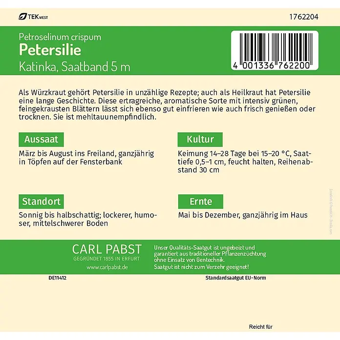 Pabst Keimkraft Kräutersamen Petersilie - Petroselinum crispum, Saatzeit: März, Erntezeit: Mai - Grüne und beigefarbene Saattüte für Petersilie 'Katinka', ein 5m-Saatband von Carl Pabst.