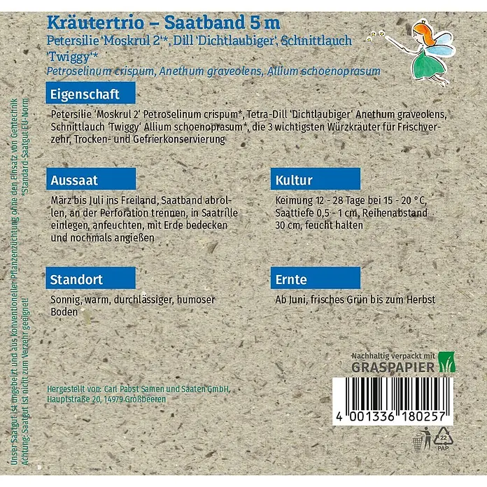Grüne Fee Kräutersamen Saatband - Mischung, Saatzeit: März, Erntezeit: Juni - Samenpäckchen Kräutertrio: Petersilie, Dill, Schnittlauch. Enthält Pflanzanleitung für 5m Saatband.