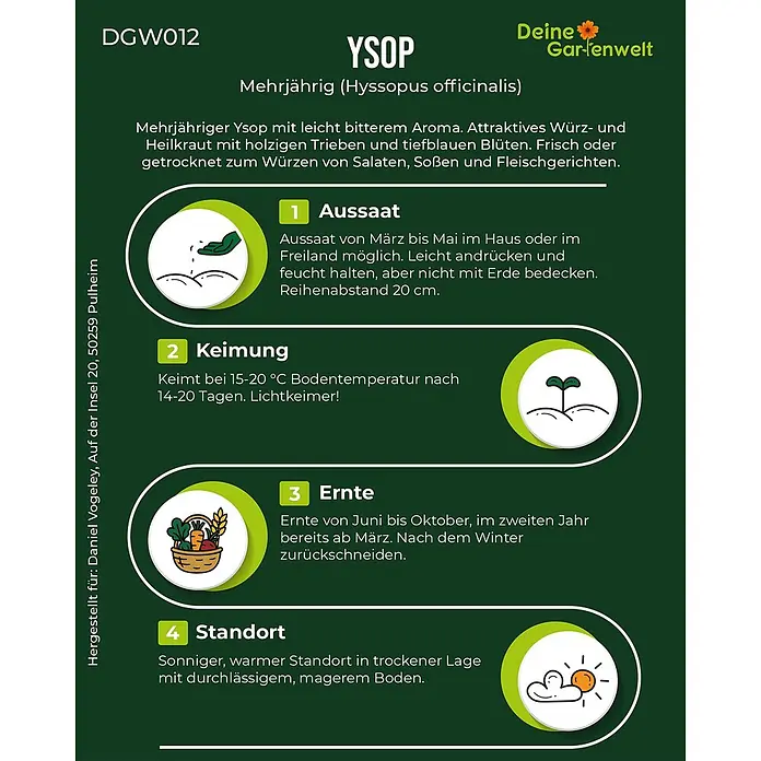 Deine Gartenwelt Ysop -  - Anleitung zum Anbau von Ysop mit Informationen zu Aussaat, Keimung, Ernte und idealem Standort, illustriert mit Symbolen.