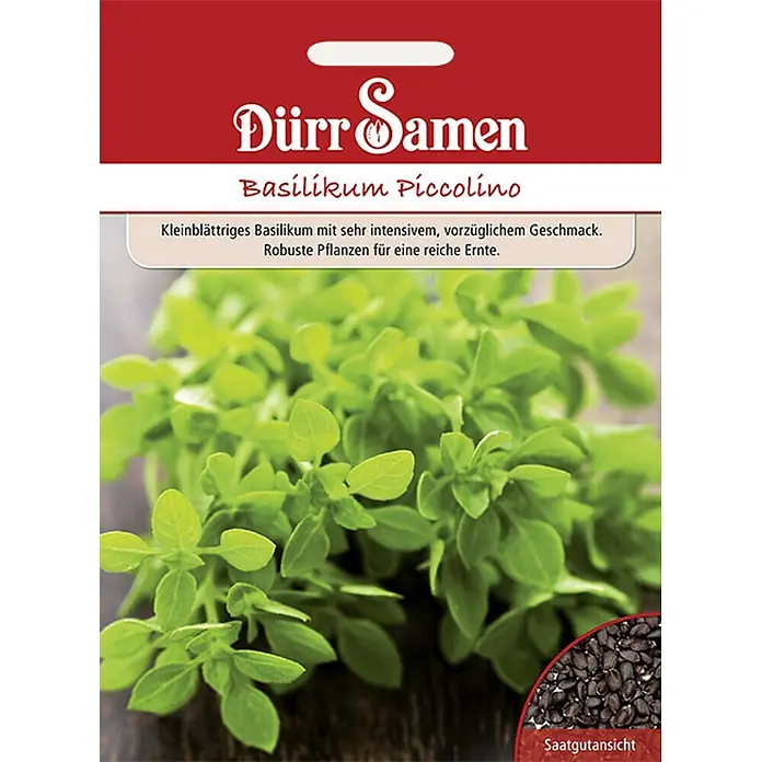 Dürr Samen Kräutersamen Basilikum - Ocimum basilicum, Saatzeit: Mai, Erntezeit: Ganzjährig - Rot-weißes Dürr Samen Basilikumsamen-Päckchen 'Piccolino' mit grünen Basilikumpflanzen und schwarzen Samen.