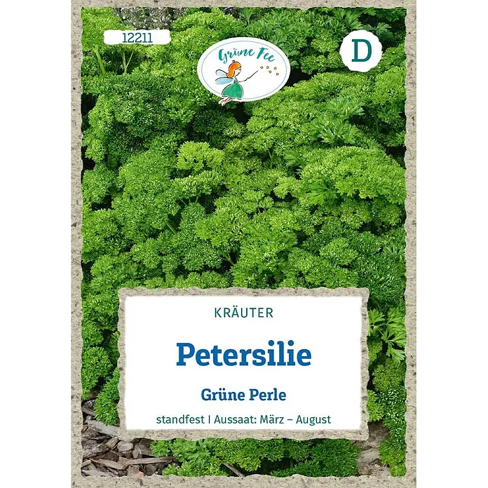 Grüne Fee Kräutersamen Petersilie - Petroselinum crispum (Miller) Nyman ex A. W. Hill, Saatzeit: März, Erntezeit: Mai - Samenpackung Petersilie 'Grüne Perle' der Marke Grüne Fee. Aufschrift: KRÄUTER, standfest, Aussaat: März – August.