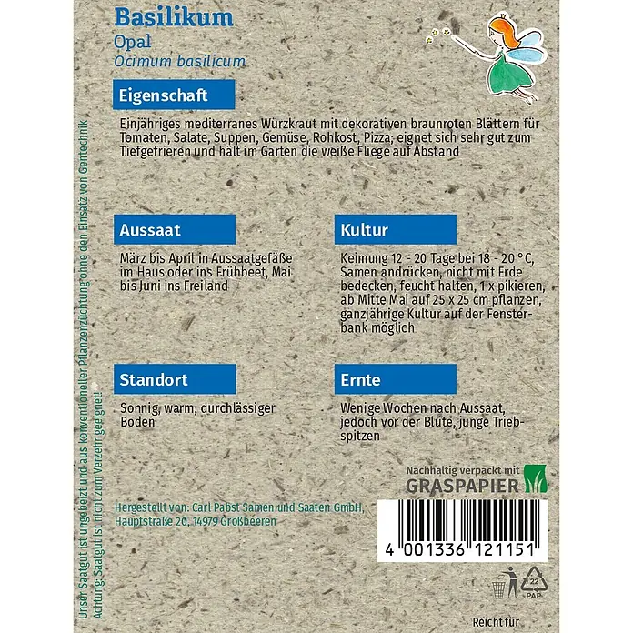 Grüne Fee Kräutersamen Basilikum - Ocimum basilicum, Saatzeit: März, Erntezeit: Ganzjährig - Samenpäckchen für Basilikum 'Opal' aus Graspapier mit Pflanzanleitung und kleiner Feenillustration.