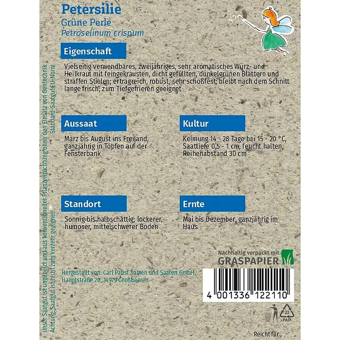 Grüne Fee Kräutersamen Petersilie - Petroselinum crispum (Miller) Nyman ex A. W. Hill, Saatzeit: März, Erntezeit: Mai - Samenpäckchen für Petersilie 'Grüne Perle', aus Graspapier, mit Produktinformationen und einer Fee-Illustration.