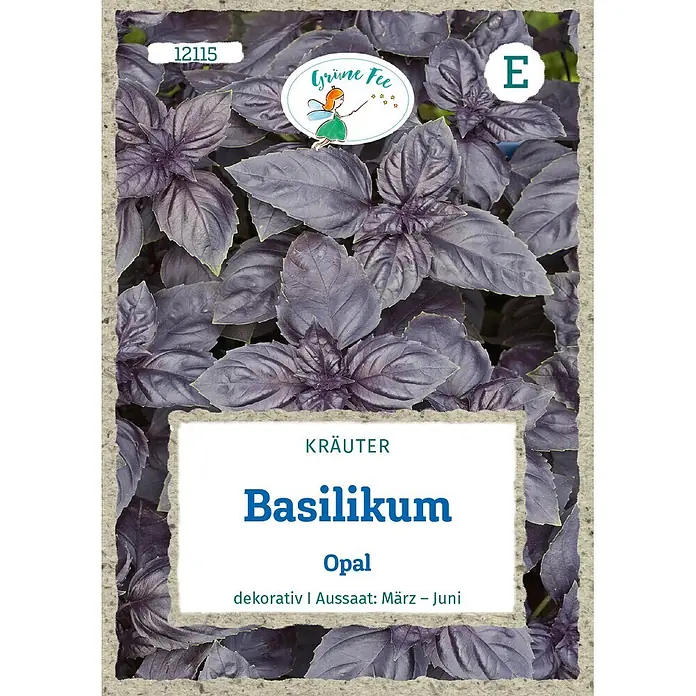 Grüne Fee Kräutersamen Basilikum - Ocimum basilicum, Saatzeit: März, Erntezeit: Ganzjährig - Samentüte für 'Basilikum Opal' (purpurfarbenes Basilikum), ein dekoratives Kraut. Aussaat März-Juni. Marke: Grüne Fee.