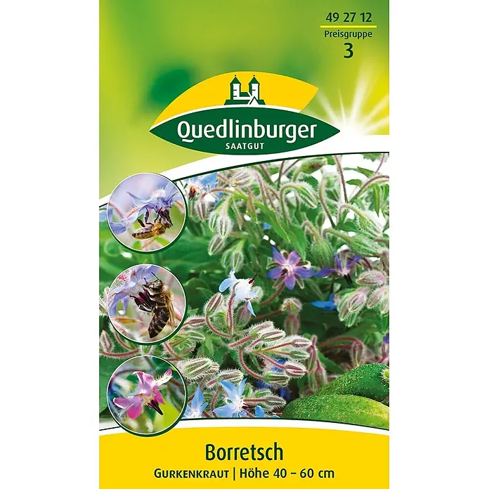 Quedlinburger SAATGUT Kräutersamen Borretsch - Borago officinalis, Saatzeit: März, Erntezeit: März - Samenpackung Borretsch (Gurkenkraut) mit blauen Blüten, Bienen und Gurken. Pflanze wird 40-60 cm hoch.