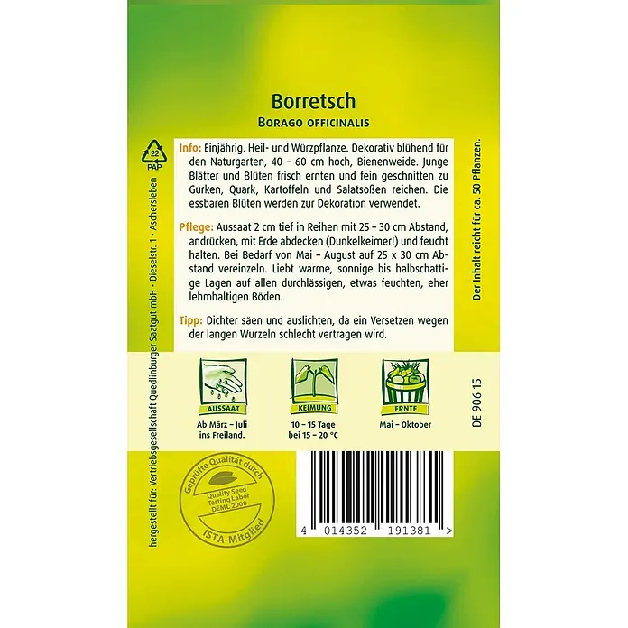 Quedlinburger SAATGUT Kräutersamen Borretsch - Borago officinalis, Saatzeit: März, Erntezeit: März - Grün-gelbe Borretsch-Samentüte mit Pflanzanleitung und Barcode.