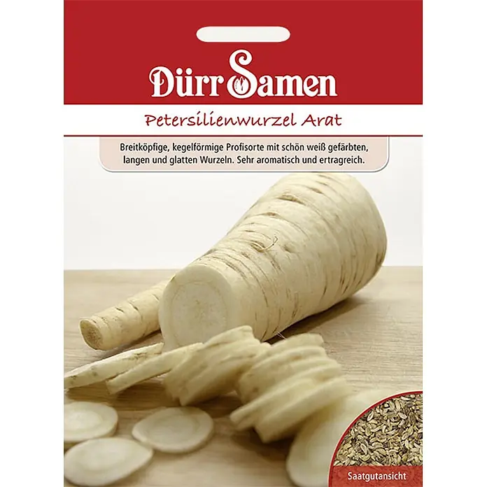 Dürr Samen Kräutersamen Petersilienwurzel - Petroselinum crispum, Saatzeit: März, Erntezeit: Mai - Dürr Samen Petersilienwurzel 'Arat' Samenpäckchen mit Abbildung weißer Wurzeln und Samen. Breitköpfig, aromatisch, ertragreich.