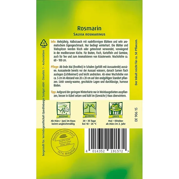 Quedlinburger SAATGUT Kräutersamen Rosmarin - Rosmarinus officinalis, Saatzeit: März, Erntezeit: Mai - Rosmarin-Saatgutpäckchen in Gelb-Grün mit Pflanz-, Pflege- und Erntehinweisen, ausreichend für ca. 50 Pflanzen.