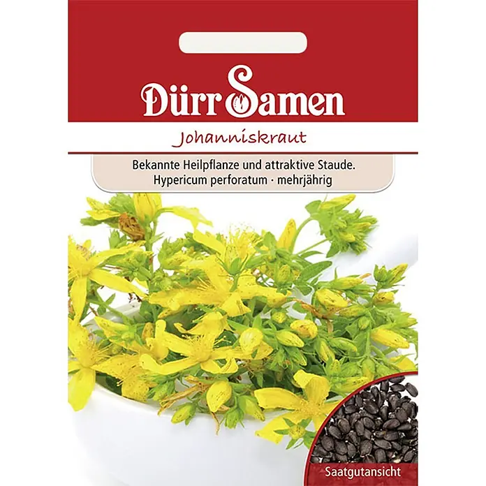 Dürr Samen Johanniskraut -  - Dürr Samen Johanniskraut-Samenpackung mit Abbildung der gelben Blüten und dunklen Samen.