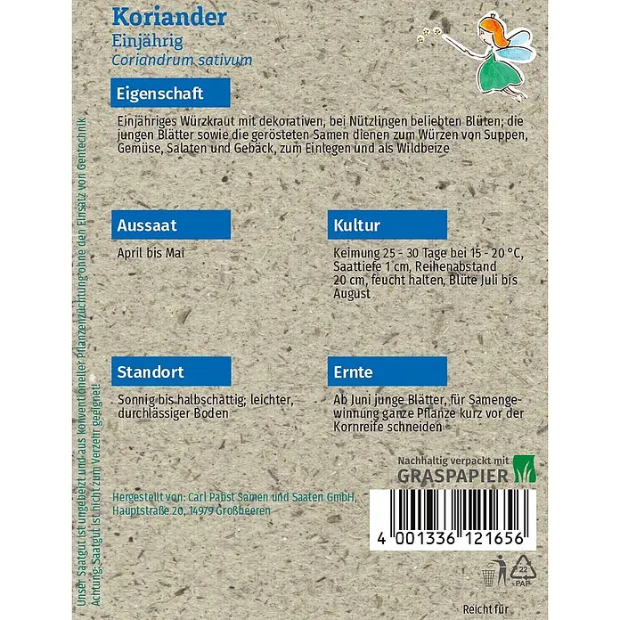 Grüne Fee Kräutersamen Koriander - Coriandrum sativum L., Saatzeit: April, Erntezeit: Juni - Koriander-Samentüte aus strukturiertem hellbraunem Papier mit blauem Text und kleiner Feenillustration, mit Pflanzanweisungen.