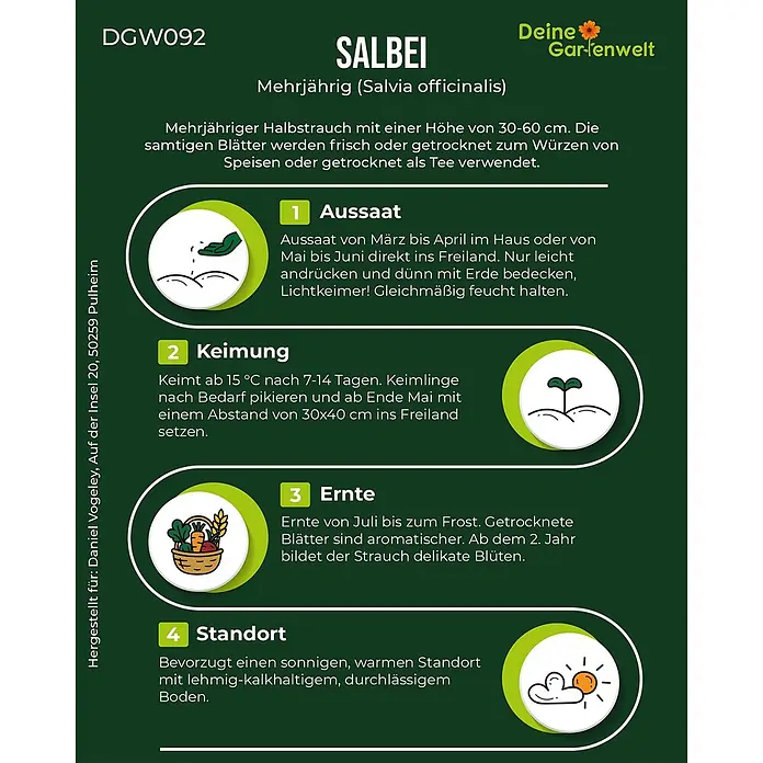 Deine Gartenwelt Salbei -  - Informationsgrafik für Salbei (Salvia officinalis) mit Aussaat-, Keimungs-, Ernte- und Standortdetails.