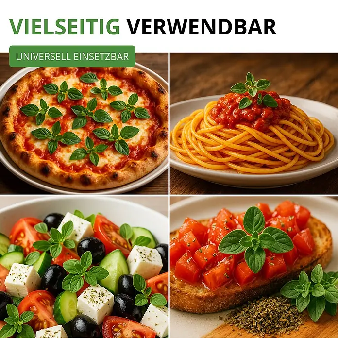 Deine Gartenwelt Oregano -  - Collage mit frischem und getrocknetem Oregano auf Pizza, Spaghetti, Salat und Bruschetta, die seine vielseitige Anwendung zeigt.