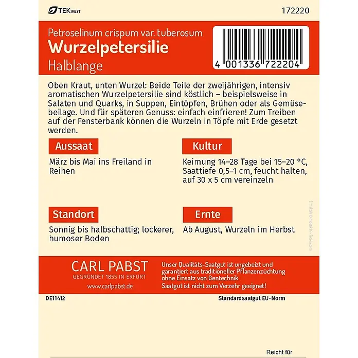 Pabst Keimkraft Kräutersamen Petersilie - Petroselinum crispum (Mill.) Nyman ex A. W. Hill var. tuberosum (Bernh.) Mart. Crov., Saatzeit: März, Erntezeit: August - Saatguttüte für Wurzelpetersilie Halblange von Carl Pabst mit roten Kopfzeilen und Barcode.
