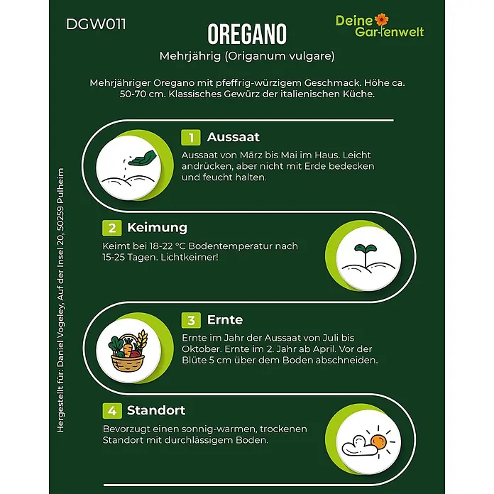 Deine Gartenwelt Oregano -  - Eine Informationsgrafik zum Pflanzen von Oregano (Origanum vulgare), mit Details zu Aussaat, Keimung, Ernte und Standort.