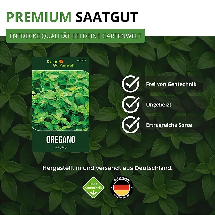 Deine Gartenwelt Oregano -  - Grüne Saatguttüte für mehrjährigen Oregano, beschriftet mit „Premium Saatgut“, „Gentechnikfrei“ und „Made in Germany“, auf Blattmotiv.
